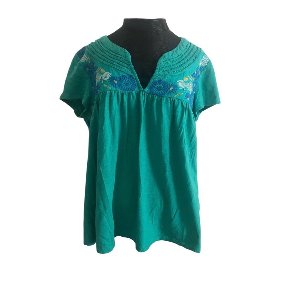 Anthropologie Embroidered Teal Short-Sleeve Women's Top